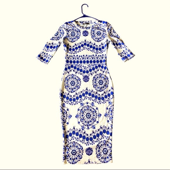 SHEIN | Dresses | Blue And White Porcelain Print Pencil Dress | Poshmark